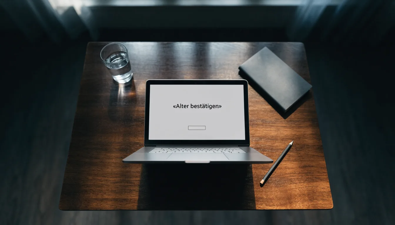 Ein Laptop mit dunklem Bildschirm steht aufgeklappt auf einem Schreibtisch, daneben ein Notizbuch und ein Glas Wasser.