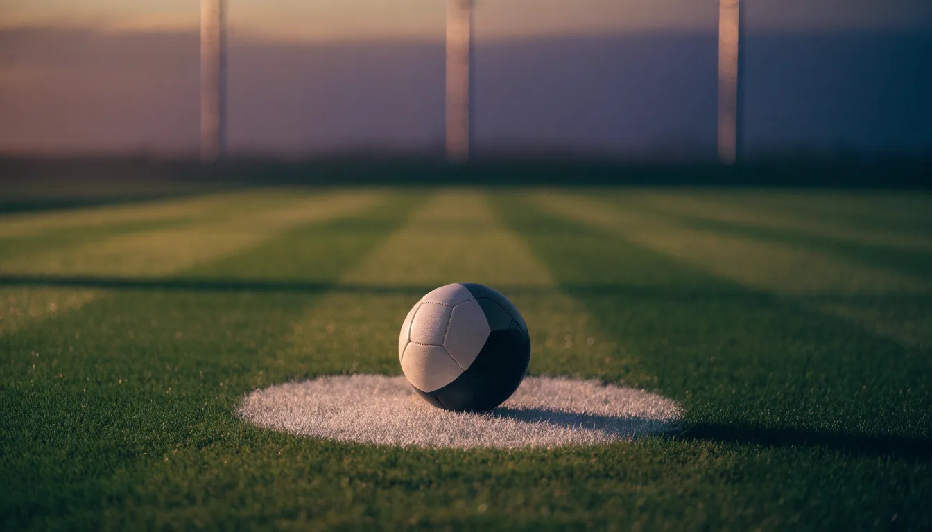 Ein Fußball liegt auf dem Anstoßpunkt eines Rasenplatzes in der Abenddämmerung, Flutlichtmasten stehen unscharf im Hintergrund.