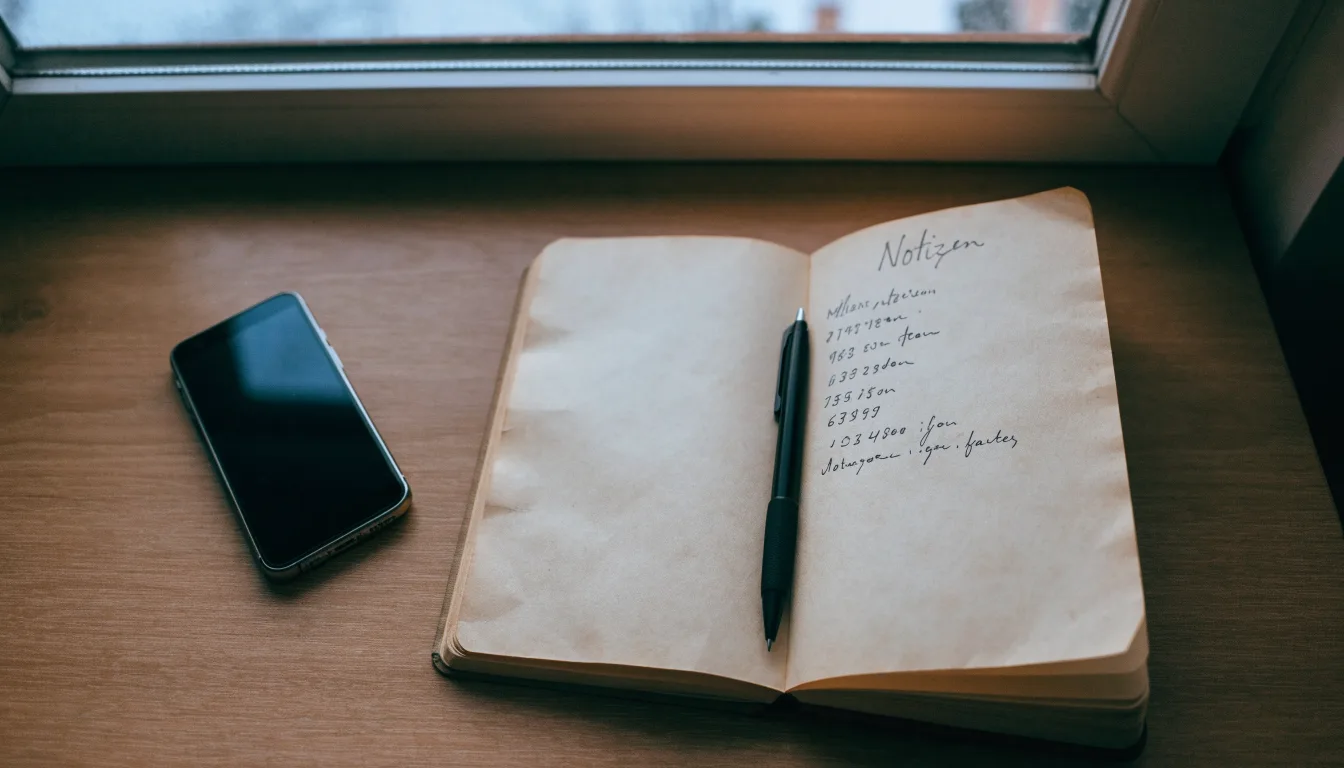 Ein Notizbuch mit handschriftlichen Zahlen liegt neben einem Smartphone mit dunklem Display auf einem Tisch, im Fenster Dämmerlicht.