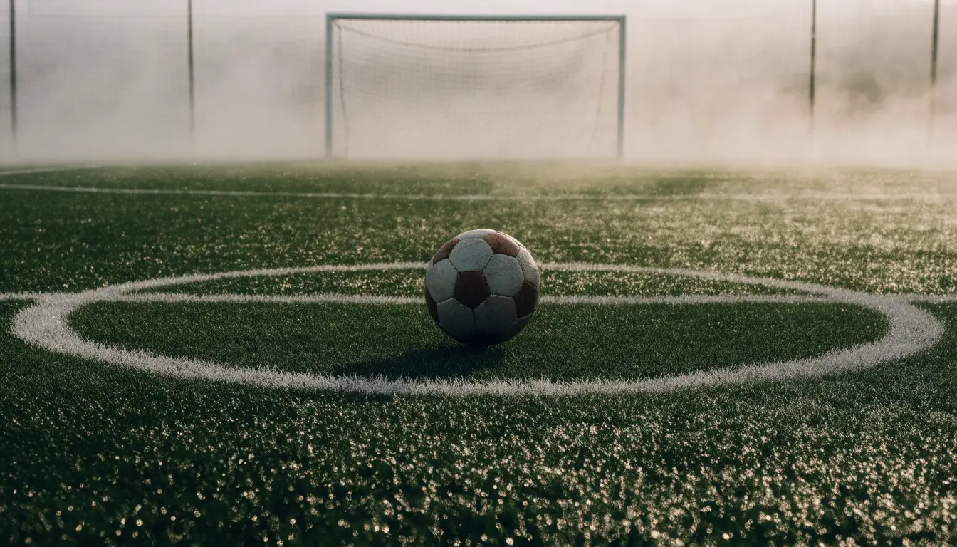 Ein Fußball liegt auf dem Elfmeterpunkt eines nassen Rasenplatzes, im Hintergrund ein leeres Tor im Nebel.
