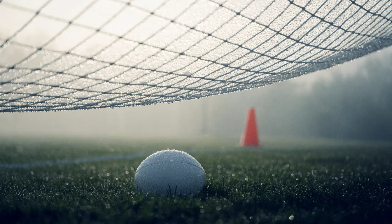 Ein Fußball liegt auf dem Rasen vor einem Tor im Morgennebel, die Netzmaschen sind taufeucht.