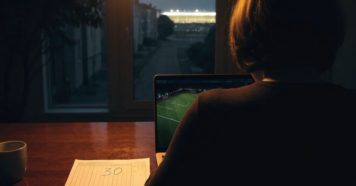 Ein hell erleuchtetes Stadion aus der Ferne bei Nacht, davor eine stille Straße und ein paar Bäume.