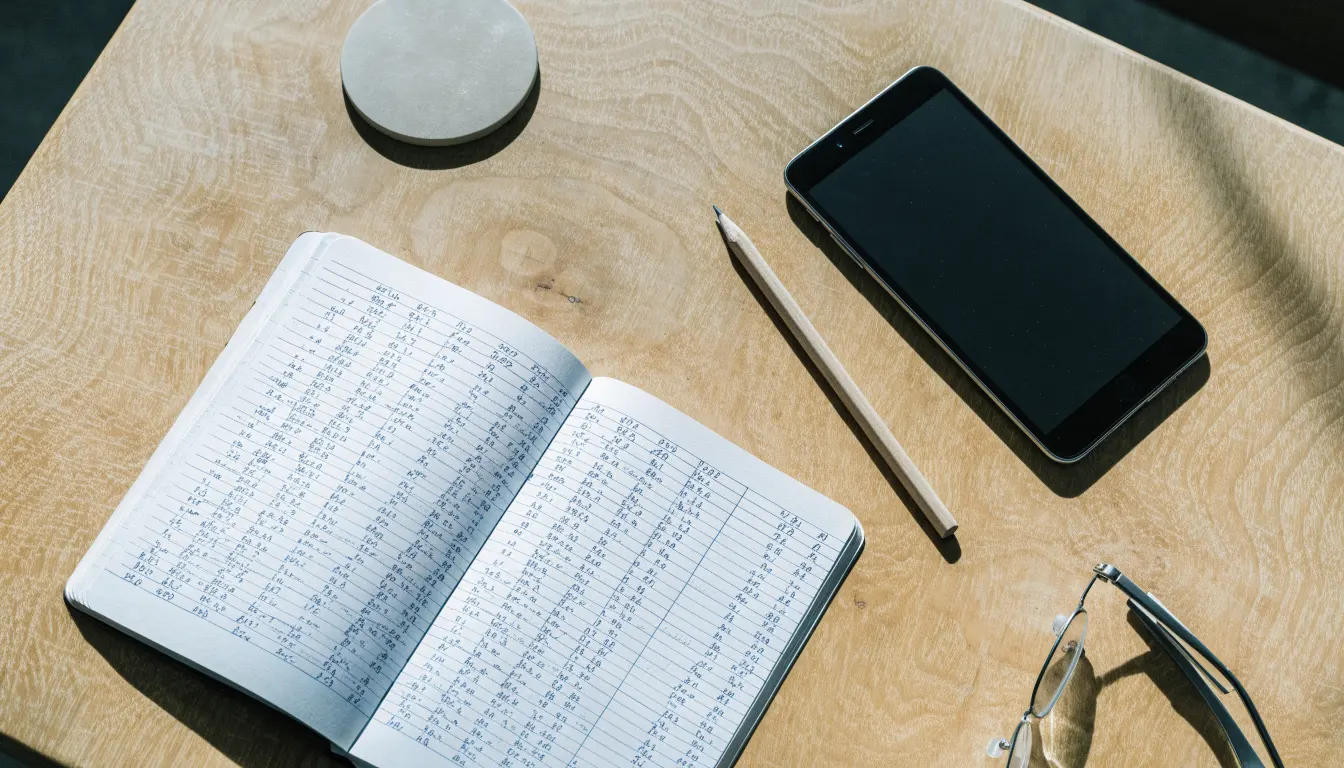 Ein Notizbuch mit handschriftlichen Zahlenreihen liegt neben einem Bleistift und einem Smartphone mit dunklem Display auf einem Tisch.