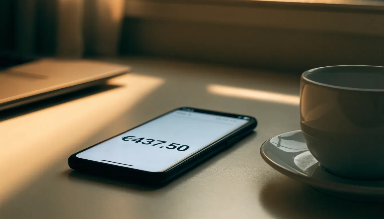 Ein Smartphone mit dunklem Display liegt neben einer Kaffeetasse auf einem Schreibtisch, durch das Fenster fällt Abendlicht.