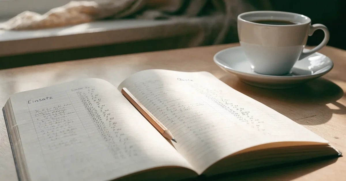 Ein aufgeschlagenes Notizbuch mit handgezeichneten Spalten und Strichen liegt neben einem Bleistift und einer Kaffeetasse auf einem Tisch am Morgen.
