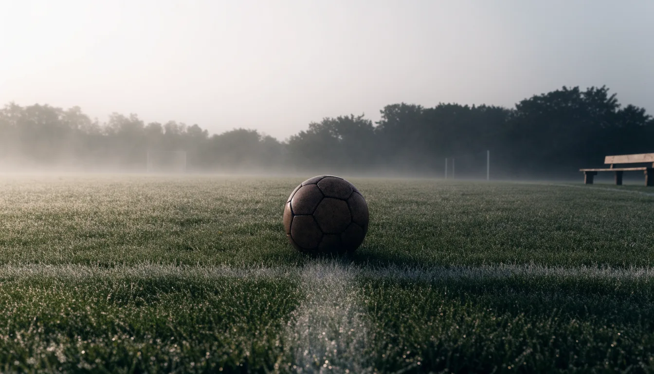 Ein Fußball liegt in der Mitte eines leeren Rasenplatzes im Morgennebel, am Rand steht eine einzelne Auswechselbank.