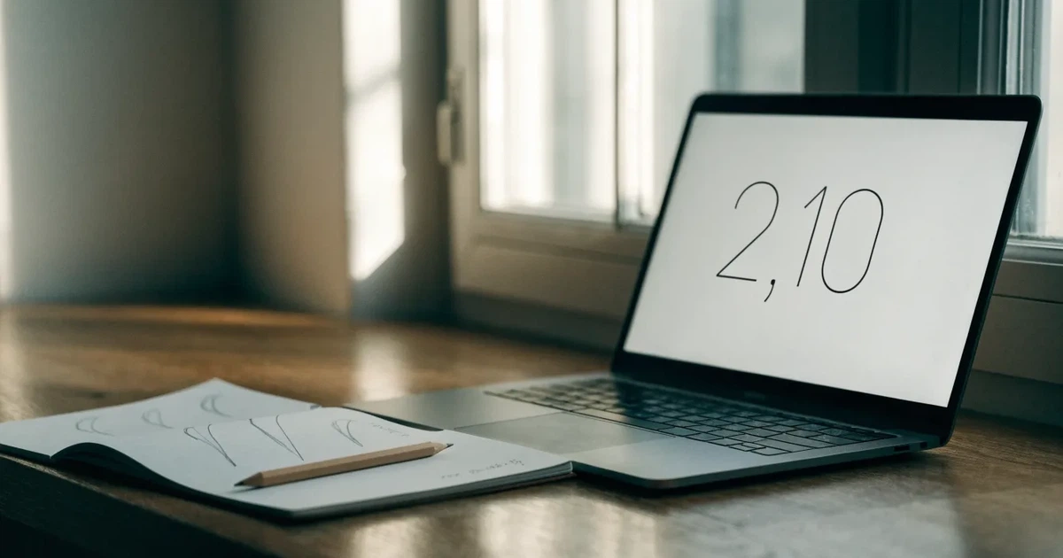 Ein Laptop-Bildschirm bleibt dunkel, davor ein Notizbuch mit handgezeichneten Kurven und ein Bleistift auf einem Schreibtisch am Fenster.